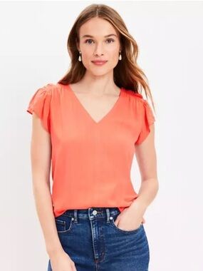LOFT Smocked Shoulder Flutter Sleeve Top - orange nectar